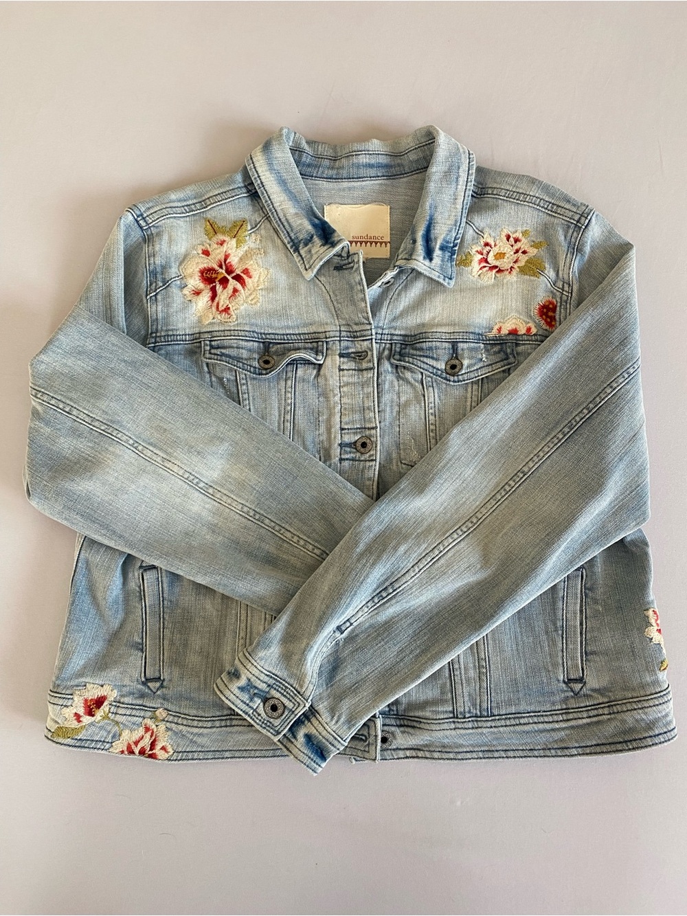 Sundance Blue Denim Floral Embroidered Jean Jacket Boho Cottagecore Size XL